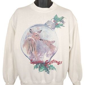 Vintage Christmas Sweatshirt Mens Size Large White 80s Holiday Made In USA